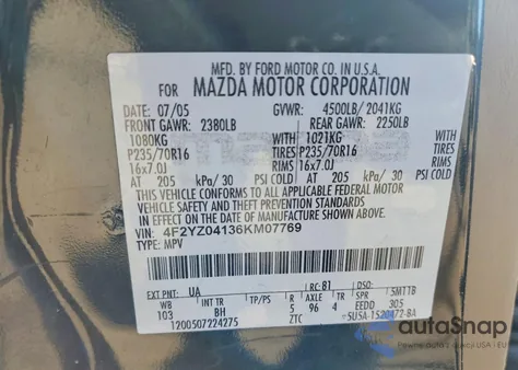 2006 Mazda Tribute S z USA, uszkodzony, nr VIN 4F2YZ04136KM07769